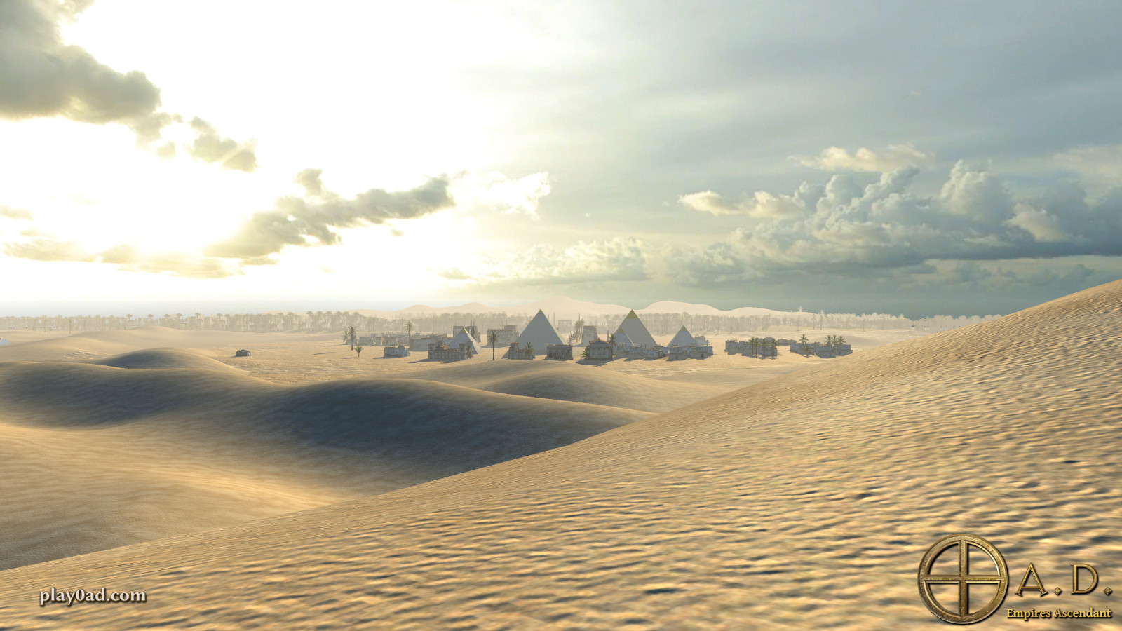 A desert landscape with a settlement and pyramids in the distance in 0 A.D.